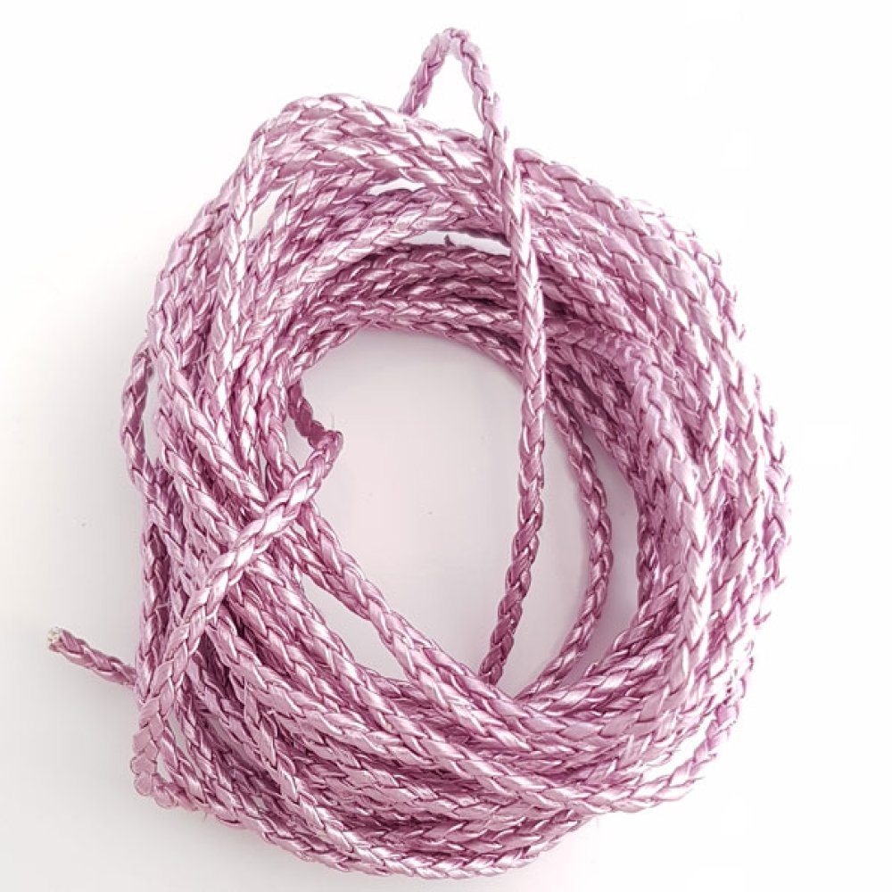 1 meter Rundt flätad sladd av konstläder Mauve Silver 3 mm