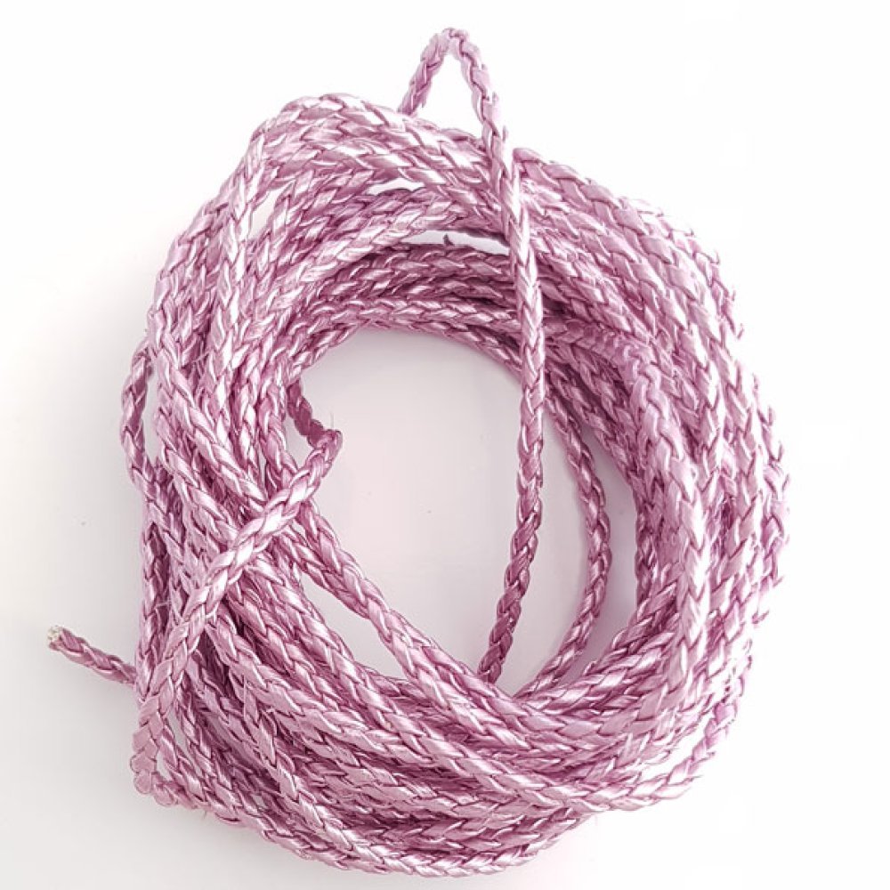 1 meter Rundt flätad sladd av konstläder Mauve Silver 3 mm