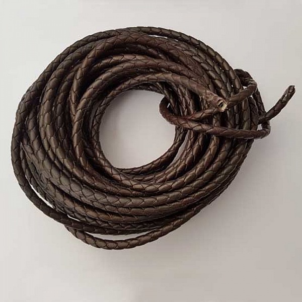 1 m&egrave;tre Cordon rond cuir tress&eacute; Marron 5 mm