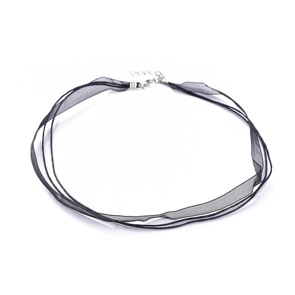 Halsband med organzaband N°04 och svart vaxad sladd