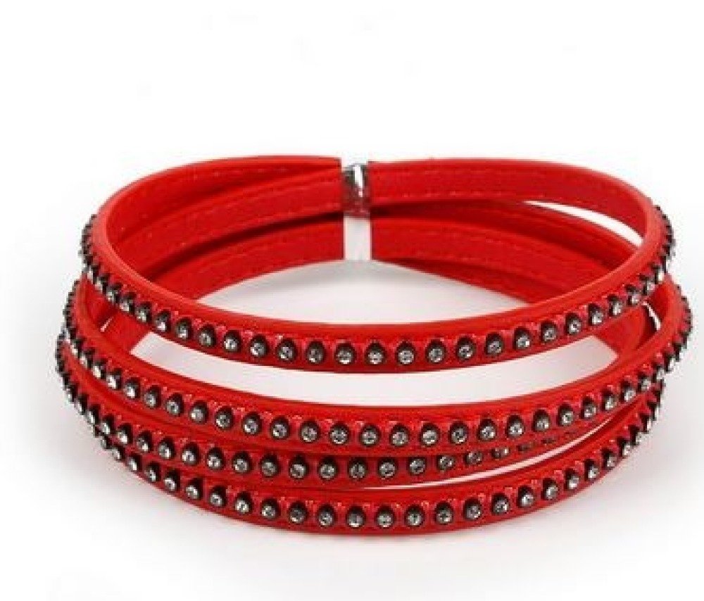 Läder 06 mm rött inläggningar med strass 1 meter