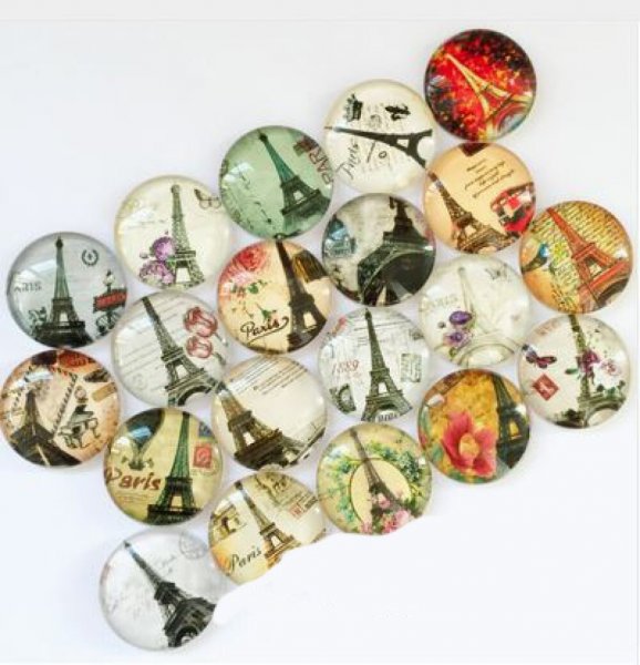 Lot 20 runda glas cabochons 25mm Eiffeltornet 02 blandade glas cabochon 