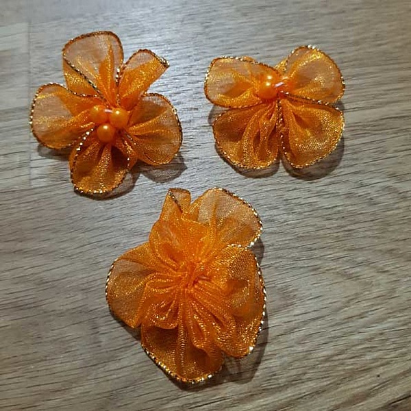 Set med 3 f&auml;rgglada blommor Organza-tyg Orange