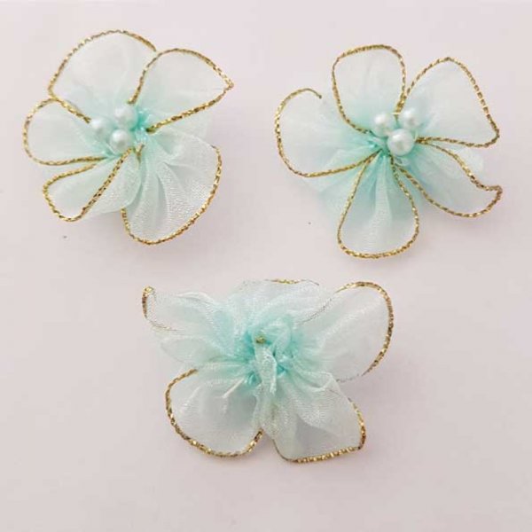 Set med 3 f&auml;rgglada blommor Organza-tyg Sky