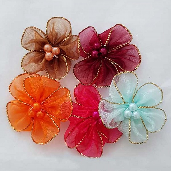Lot 5 f&auml;rgade blommor Organza Fabrics N&deg;01