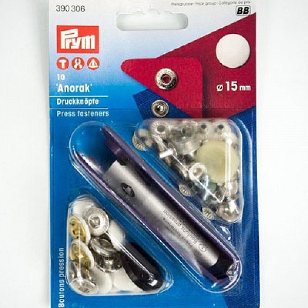 Lot de 10 boutons pression anorak m&eacute;talliques 15 mm, blanc 390306