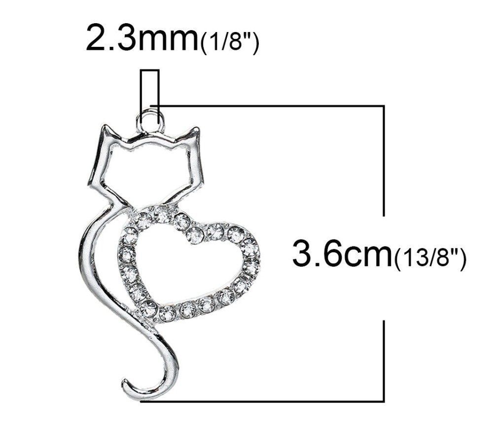 Uppsättning av 3 Zinklegering Cat Charm N°06 Silver Heart Strass Clear 36 mm x 22 mm