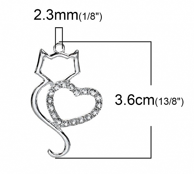 Upps&auml;ttning av 3 Zinklegering Cat Charm N&deg;06 Silver Heart Strass Clear 36 mm x 22 mm