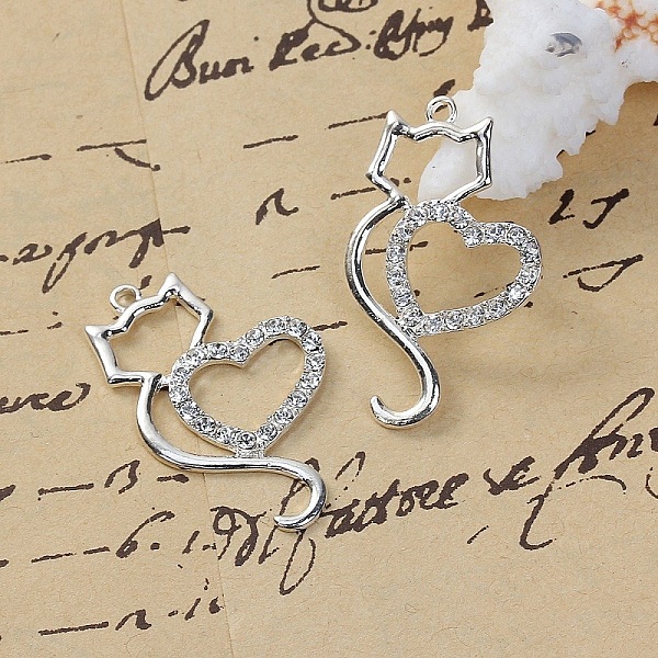 Upps&auml;ttning av 3 Zinklegering Cat Charm N&deg;06 Silver Heart Strass Clear 36 mm x 22 mm