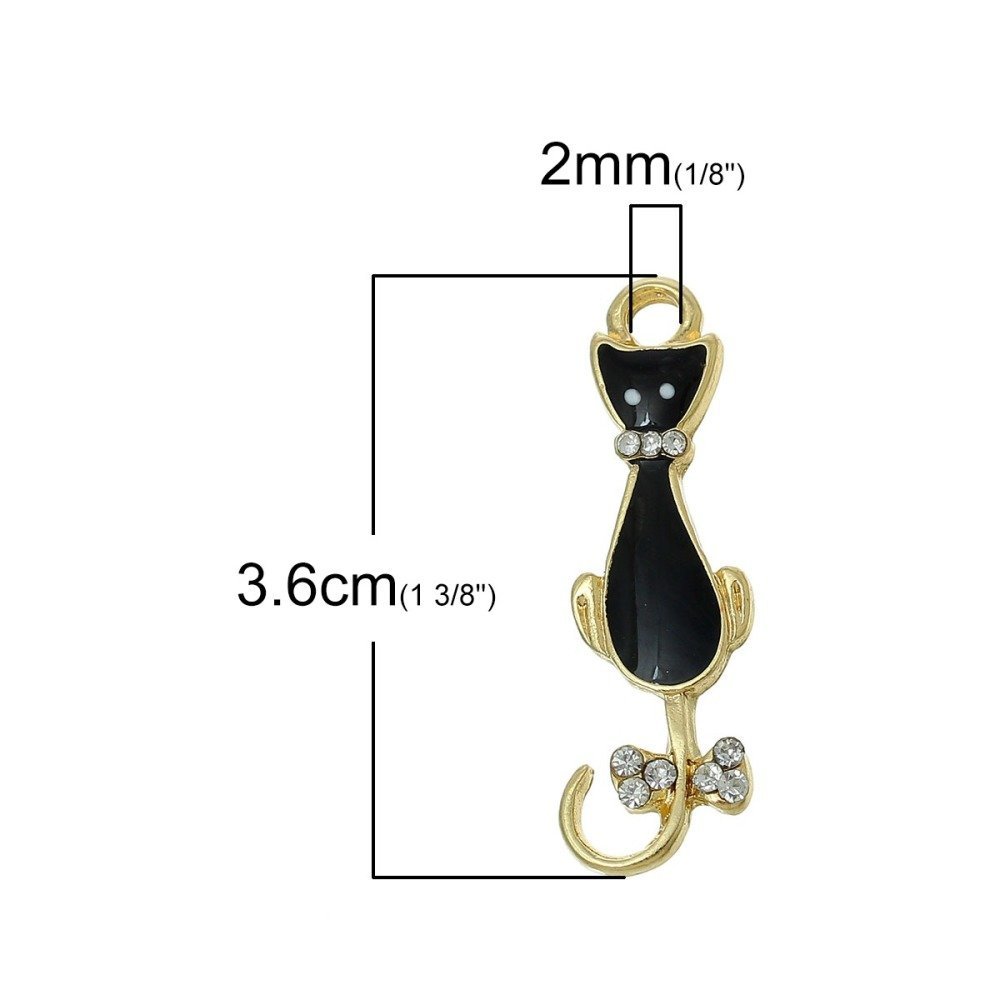 Pack av 5 Cat Charm N°08 Black Gold Cat Butterfly Strass Clear Enamel 36 mm x 11 mm