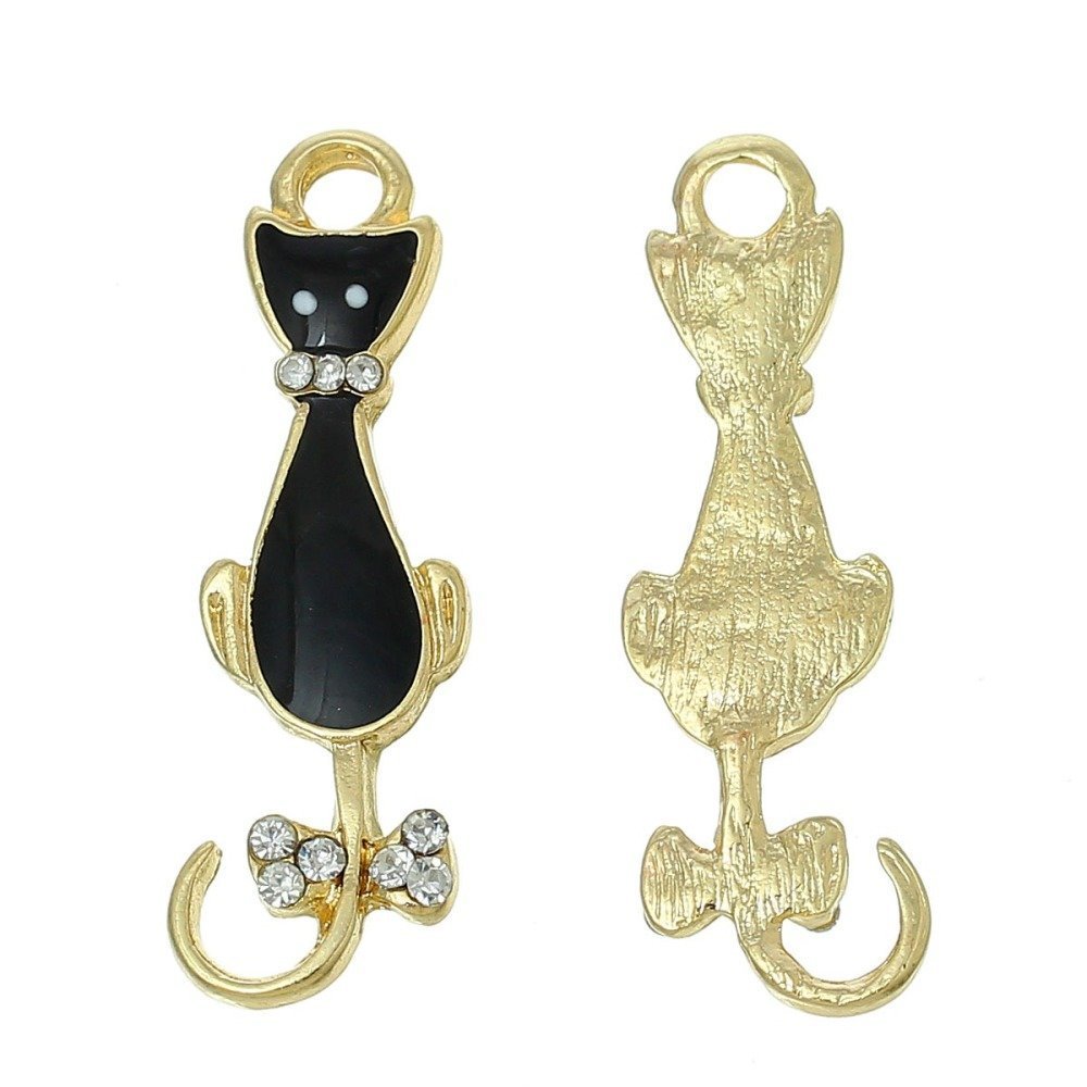 Pack av 5 Cat Charm N°08 Black Gold Cat Butterfly Strass Clear Enamel 36 mm x 11 mm