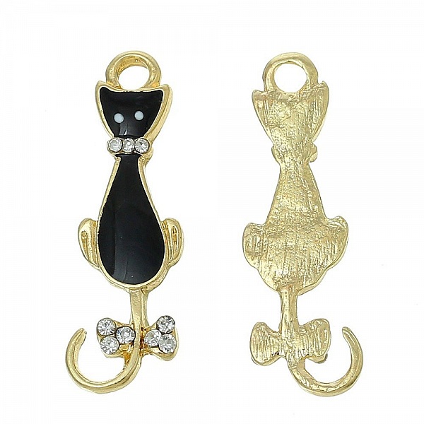 Pack av 5 Cat Charm N&deg;08 Black Gold Cat Butterfly Strass Clear Enamel 36 mm x 11 mm