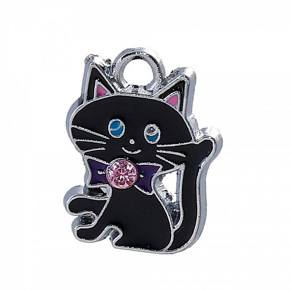 Pack av 5 Zinklegering Cat Charm N&deg;07 Silver Strass Email 19 mm x 14 mm