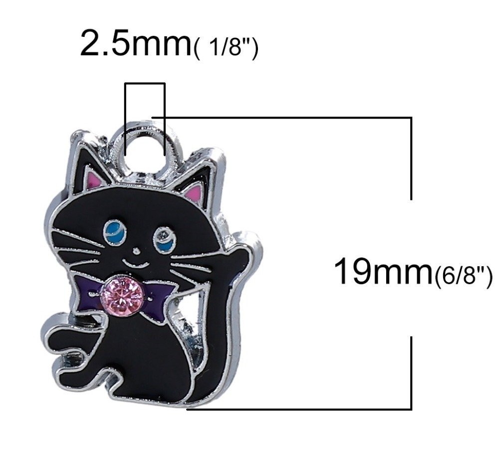 Pack av 5 Zinklegering Cat Charm N°07 Silver Strass Email 19 mm x 14 mm