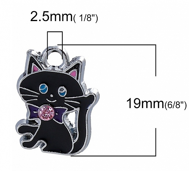 Pack av 5 Zinklegering Cat Charm N&deg;07 Silver Strass Email 19 mm x 14 mm