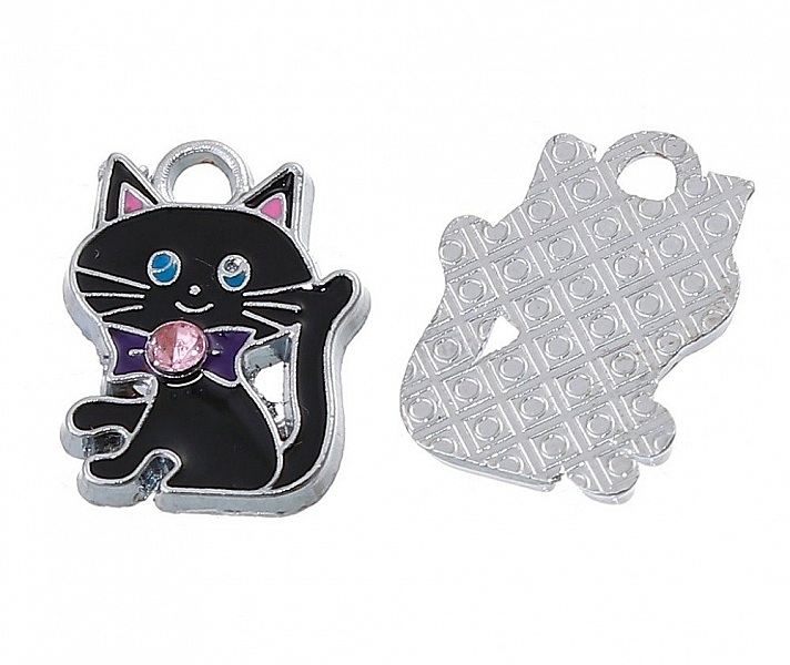Pack av 5 Zinklegering Cat Charm N&deg;07 Silver Strass Email 19 mm x 14 mm