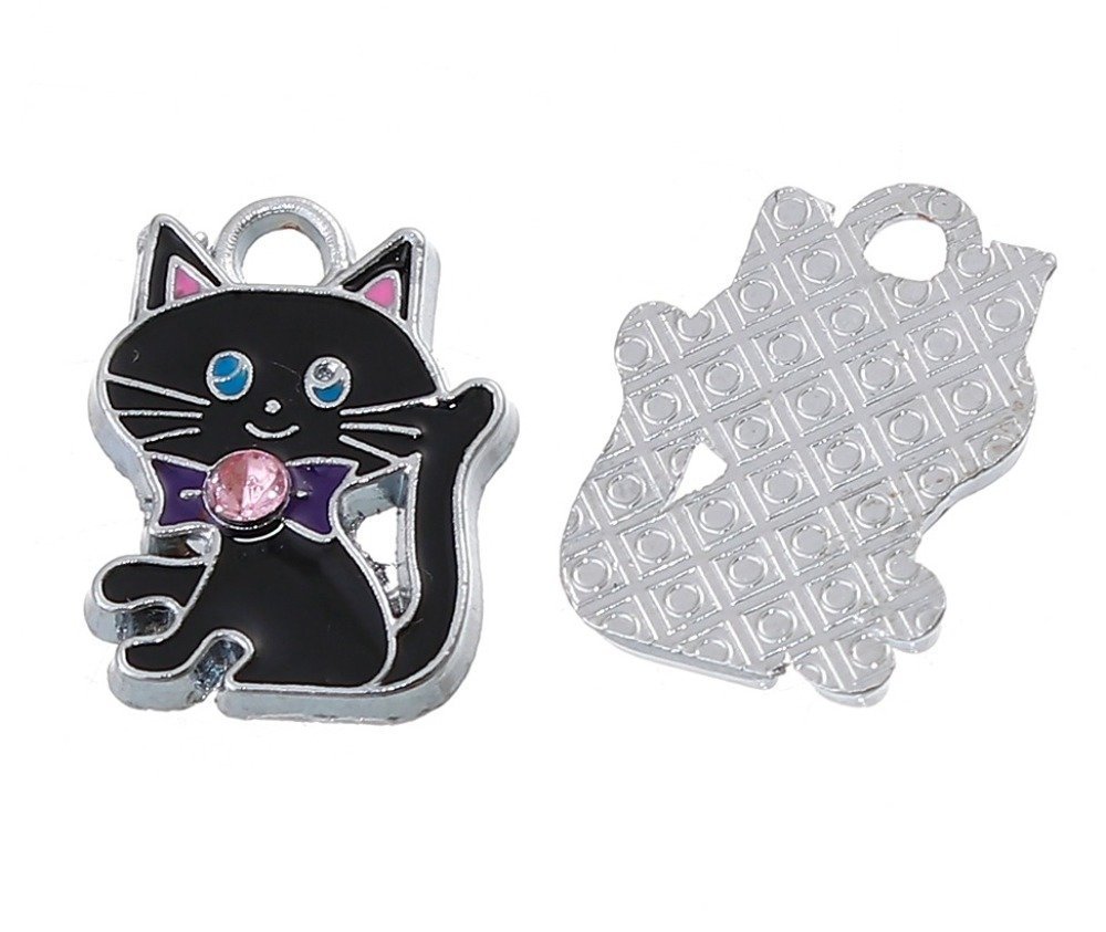 Pack av 5 Zinklegering Cat Charm N°07 Silver Strass Email 19 mm x 14 mm