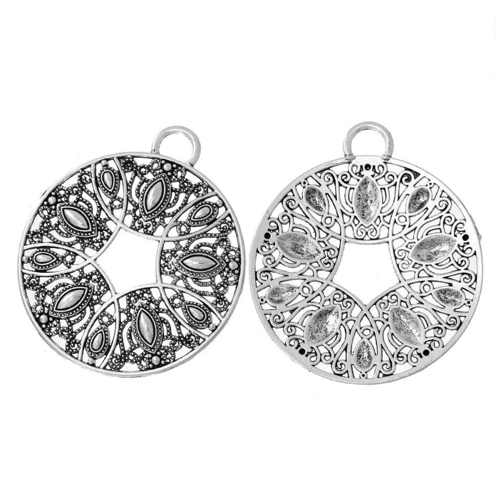 Silver Hollow Flower Round Alloy Pendant N°000 73 mm x 64 mm