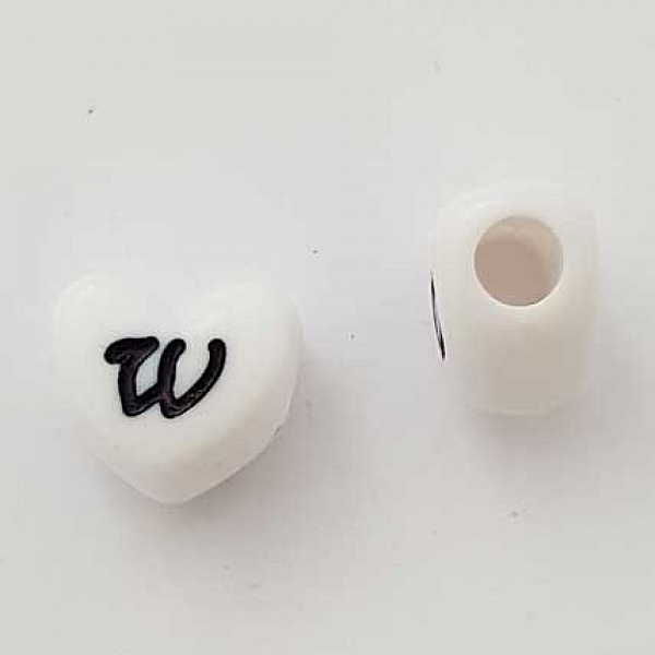 Perle C&oelig;ur Lettre W Blanc Noir 11mm