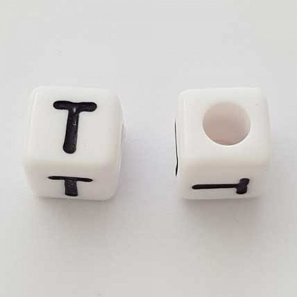 Perle Carr&eacute; Lettre T Blanc Noir 8mm