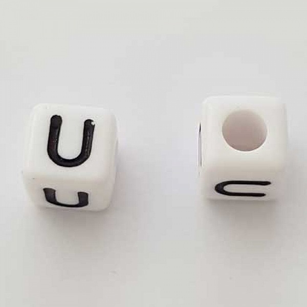 Perle Carr&eacute; Lettre U Blanc Noir 8mm