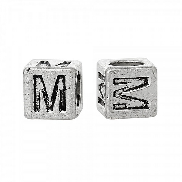 Perle carr&eacute; charms alphabet N&deg;01 lettre M m&eacute;tal argent&eacute; 7x7 mm