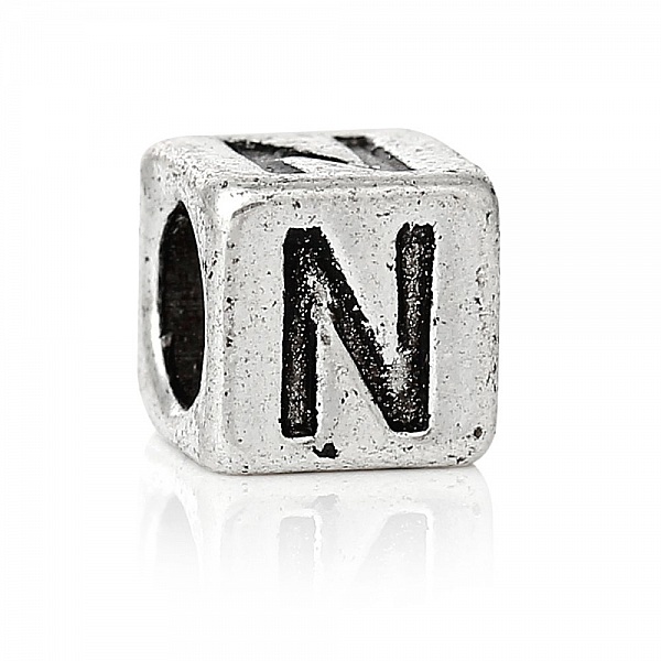 Perle carr&eacute; charms alphabet N&deg;01 lettre N m&eacute;tal argent&eacute; 7x7 mm