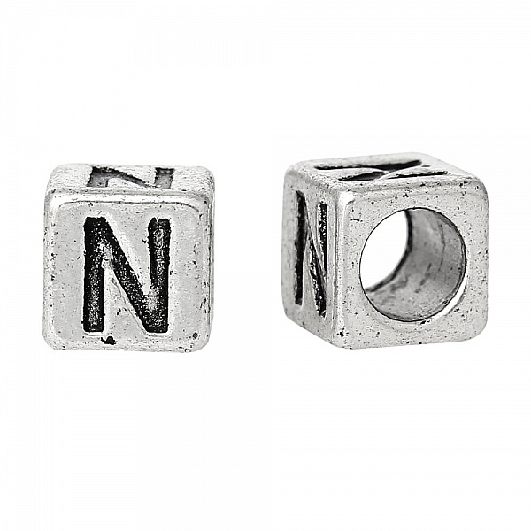 Perle carr&eacute; charms alphabet N&deg;01 lettre N m&eacute;tal argent&eacute; 7x7 mm