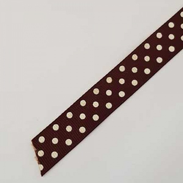Ruban a pois gros grain marron et blanc de 16 mm au m&egrave;tre