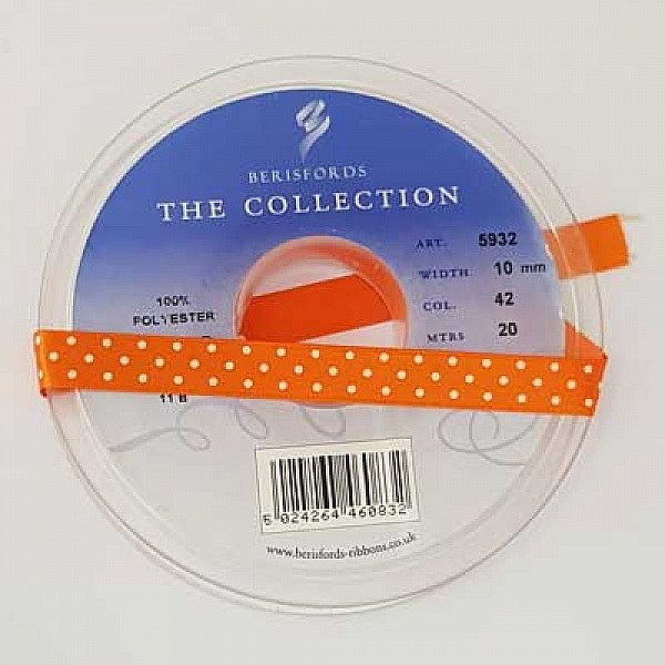 Ruban a pois orange et blanc de 10 mm au m&egrave;tre
