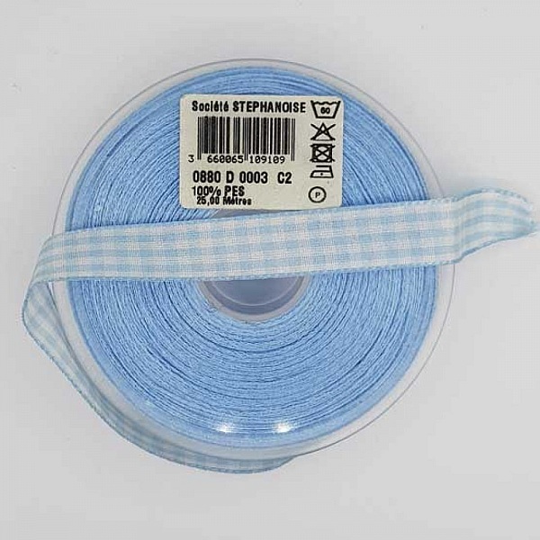 Ruban vichy bleu ciel et blanc de 15 mm x 1 m&egrave;tre