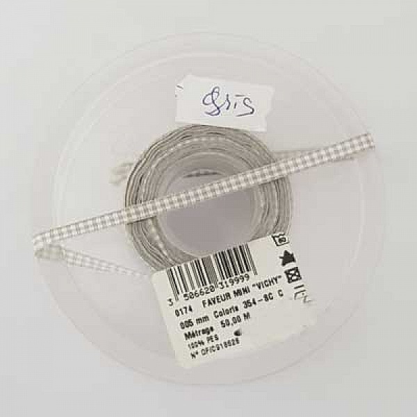 Ruban vichy gris et blanc de 06 mm 01 au m&egrave;tre