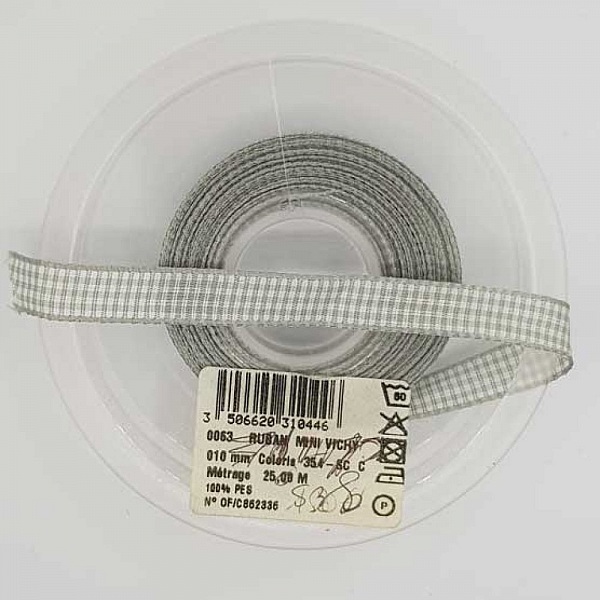 Ruban vichy gris et blanc de 10 mm au m&egrave;tre