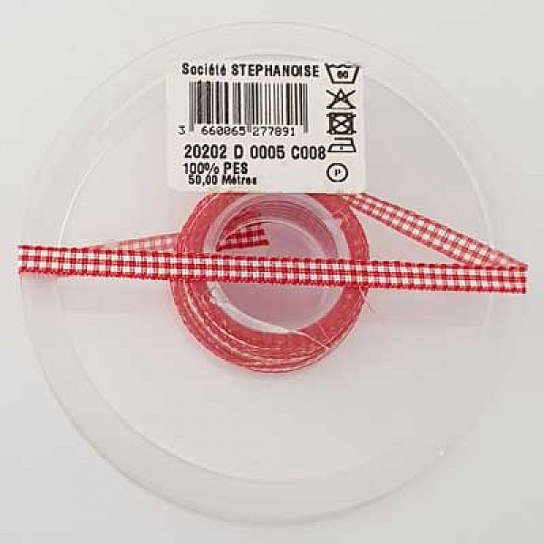 Ruban vichy rouge et blanc de 06 mm au m&egrave;tre