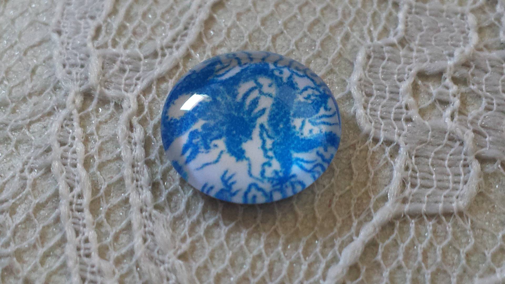 glas cabochon rund 12mm blå blomma 040 