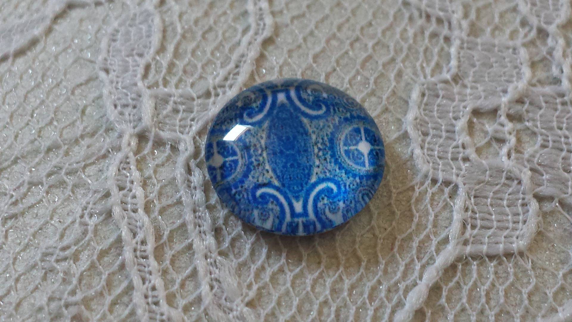 glas cabochon rund 12mm blå blomma 039 