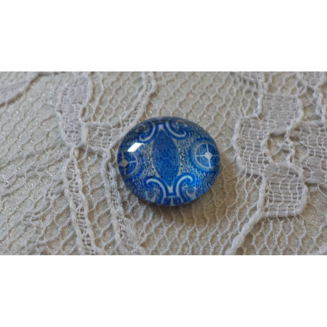 glas cabochon rund 12mm blå blomma 039 