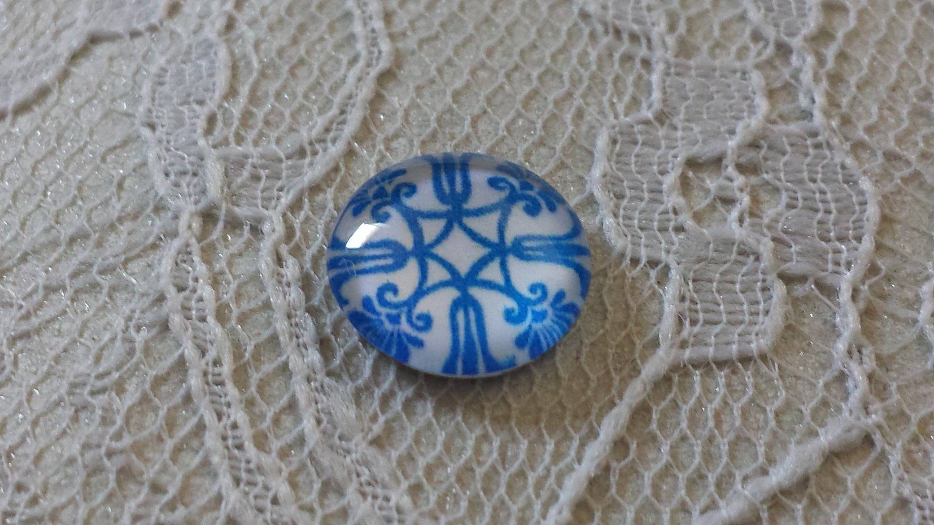 glas cabochon rund 12mm blå blomma 035 