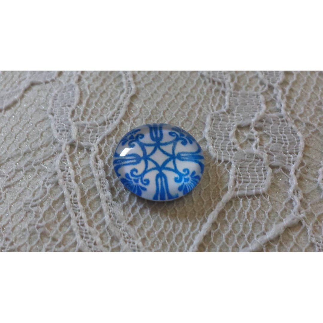 glas cabochon rund 12mm blå blomma 035 