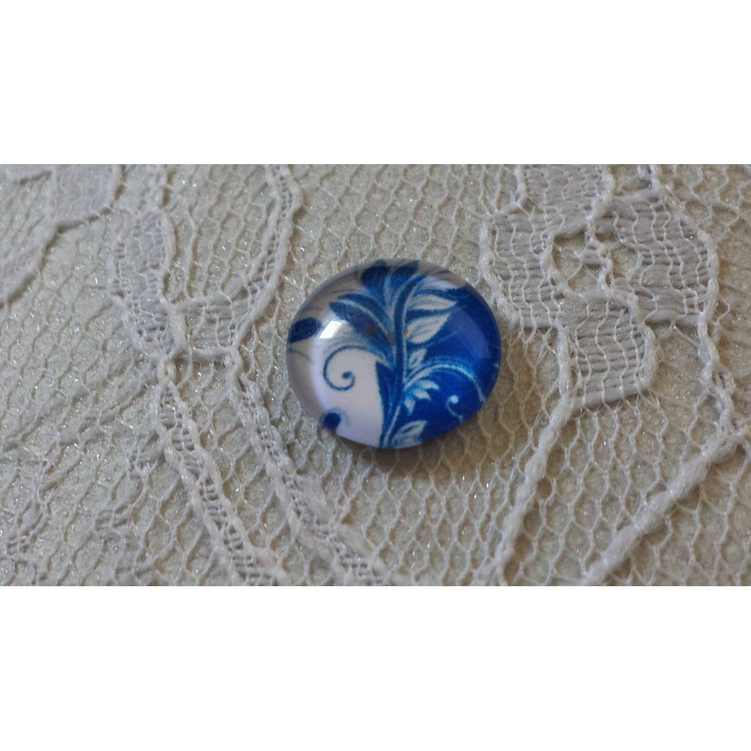 glas cabochon rund 12mm blå blomma 033 