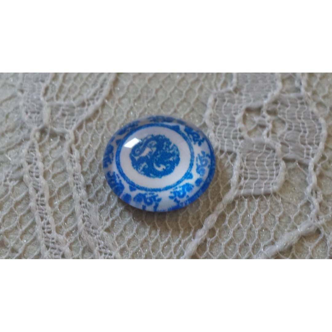 glas cabochon rund 12mm blå blomma 029 