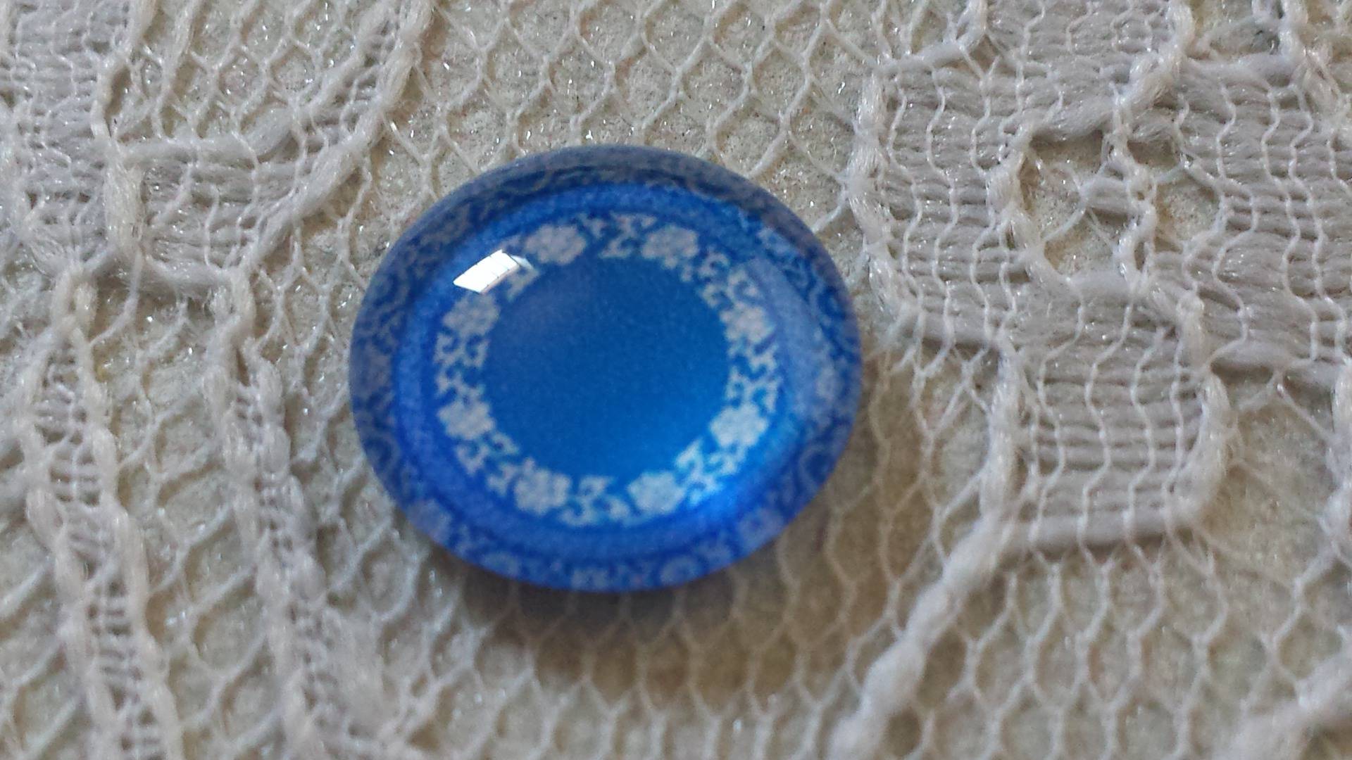 glas cabochon rund 12mm blå blomma 027 