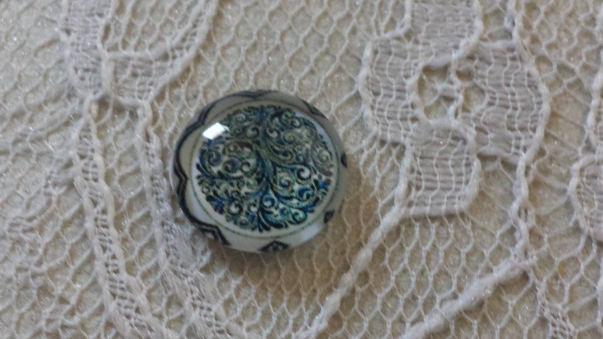 glas cabochon rund 12mm blå blomma 025 