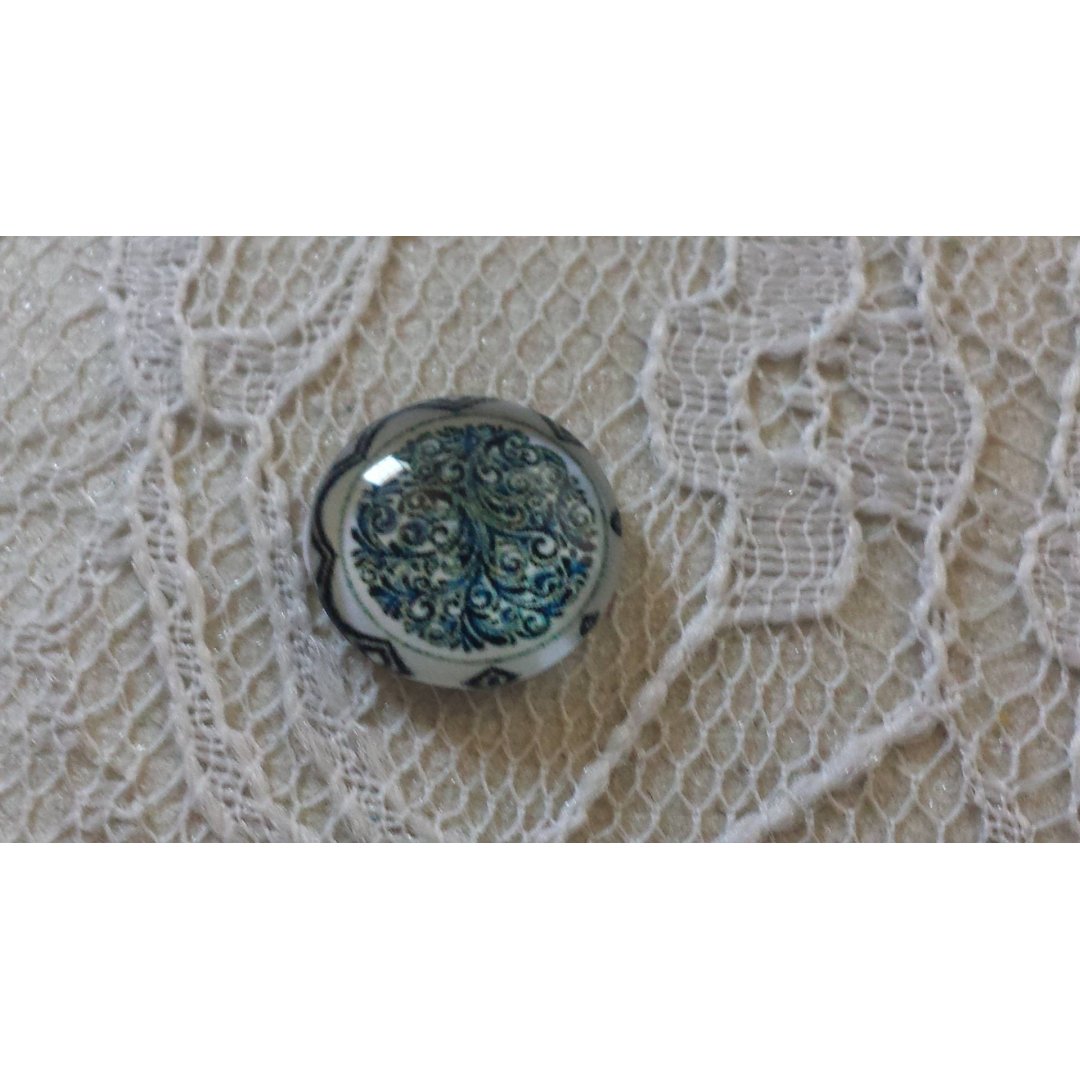 glas cabochon rund 12mm blå blomma 025 