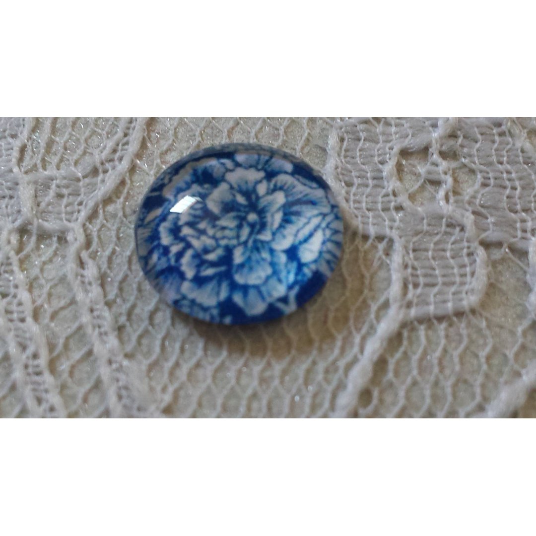 glas cabochon rund 12mm blå blomma 019 