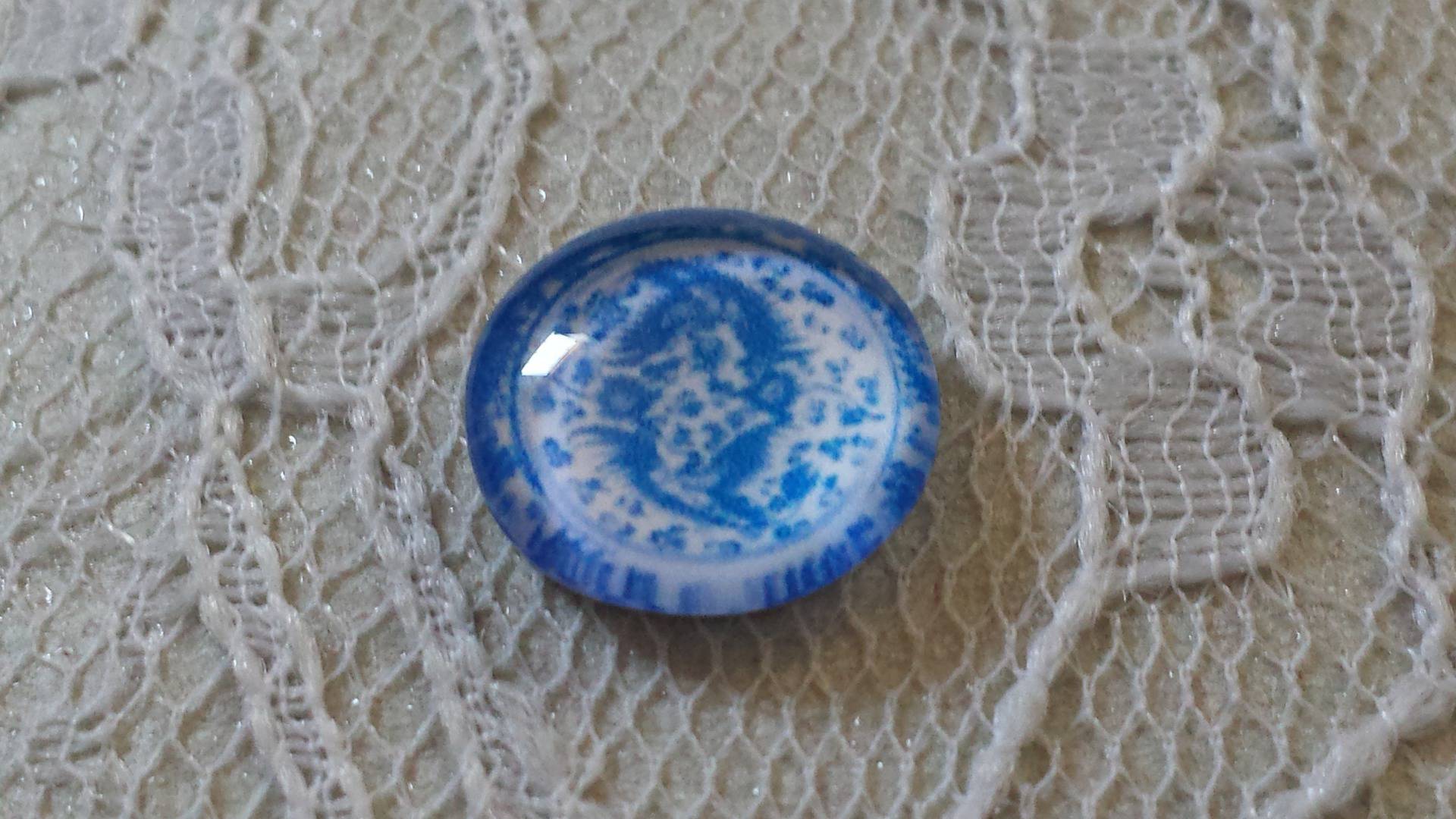 glas cabochon rund 12mm blå blomma 018 