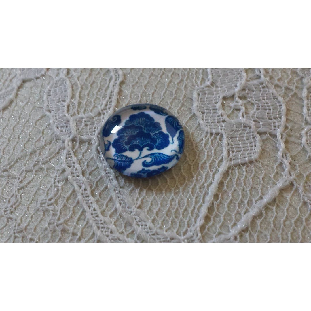 glas cabochon rund 12mm blå blomma 017 