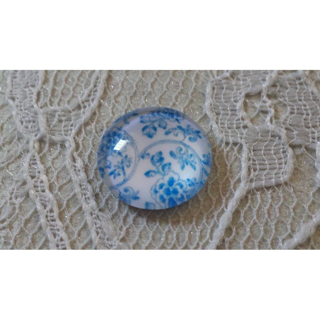 glas cabochon rund 12mm blå blomma 014 