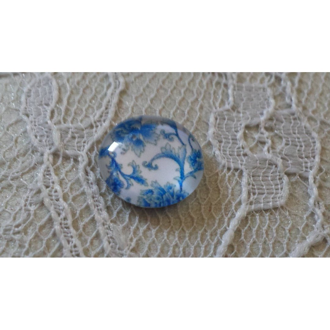 glas cabochon rund 12mm blå blomma 012 