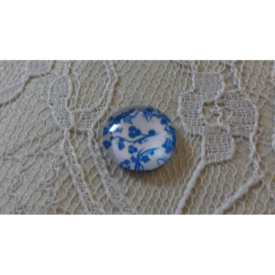 glas cabochon rund 12mm blå blomma 011 